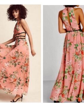 Express Pink Floral Halter Maxi Dress with Black Cut Out Waistband Size M
